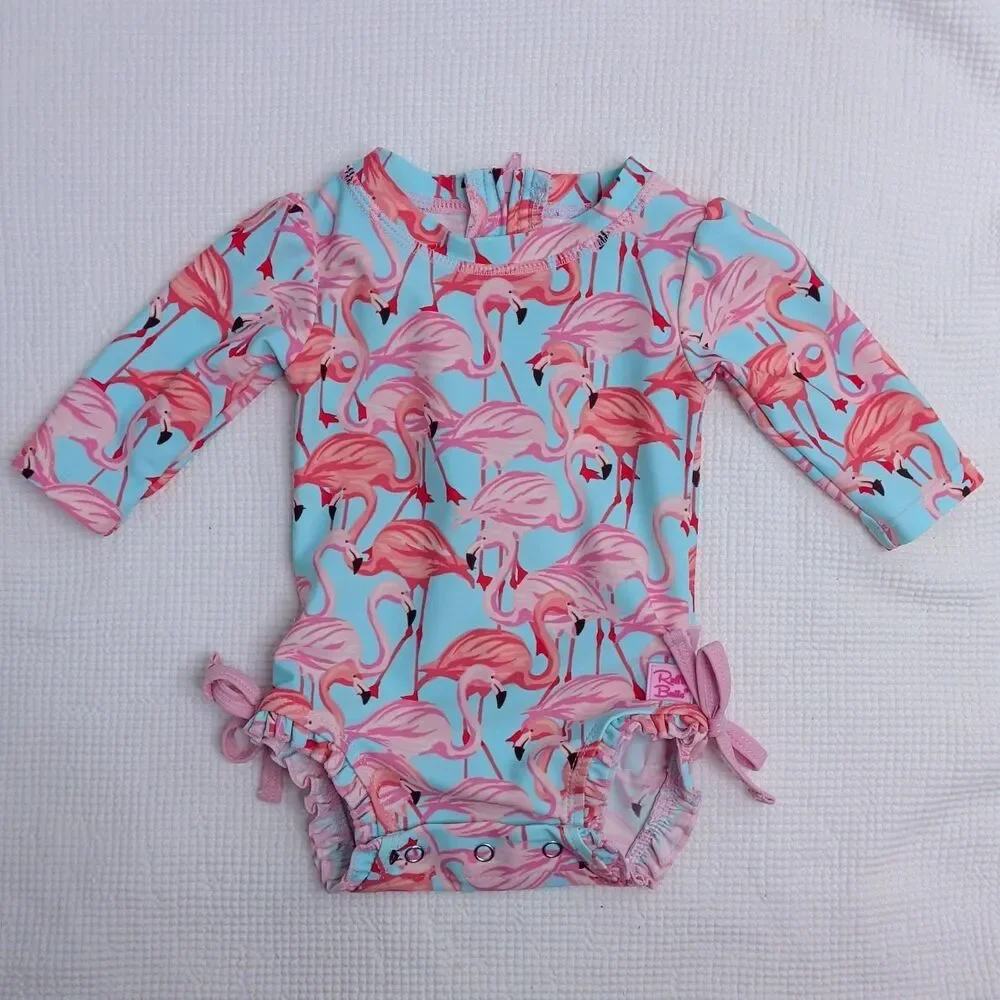 RUFFLEBUTTS Tropical Flamingo Print One-Piece 0-3m Baby Rashguard Ruffles